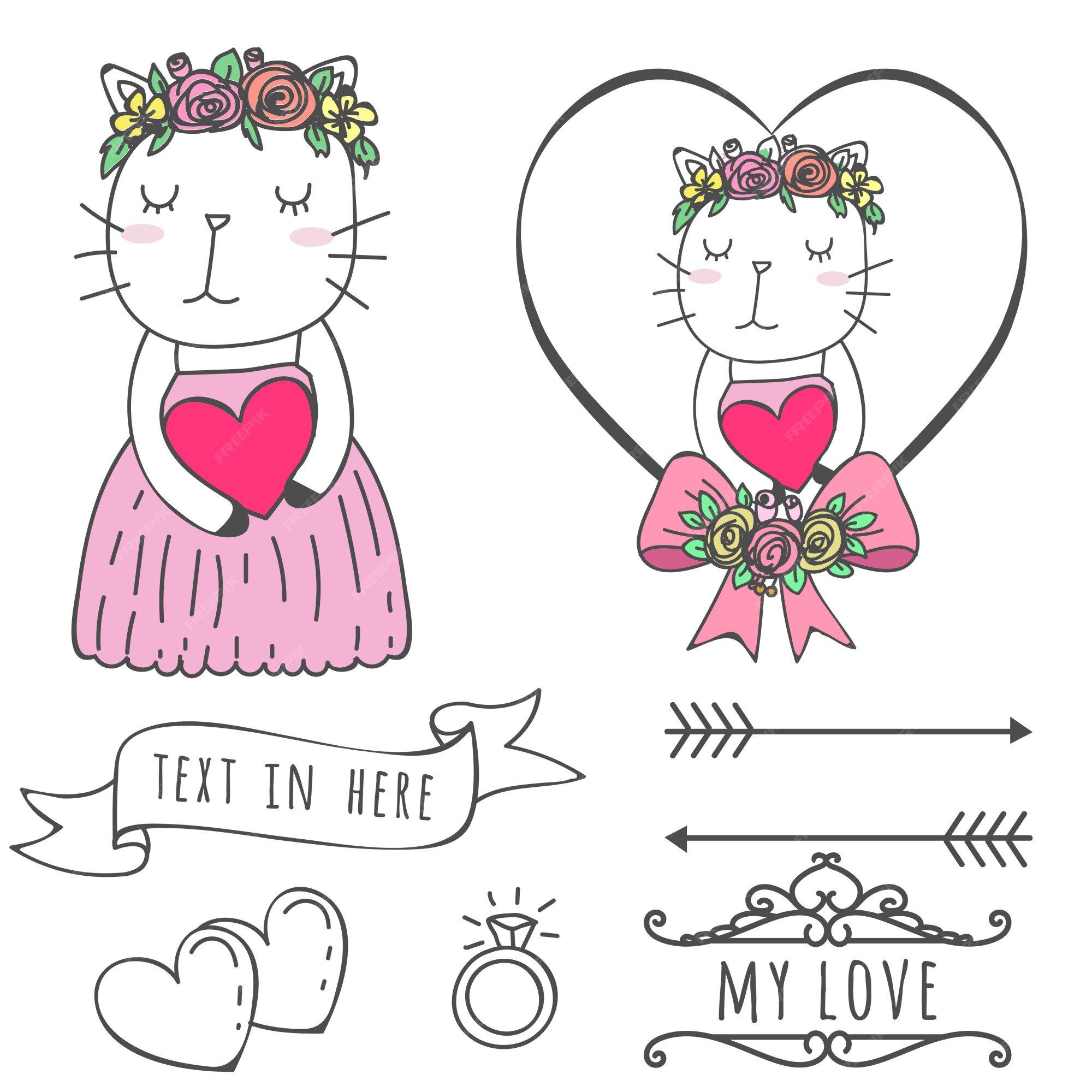Liebe süße Katze Hochzeit Hand Premium Vektor