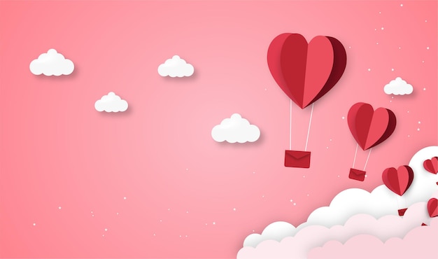 Liebe und valentinstag origami machte heißluftballon über den umschlag fliegen mit herzen im himmel schweben, kunstwerk auf papier.