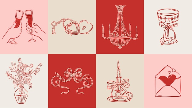 Liebes- und Hochzeitsskizzen-Stil-Illustrationssatz
