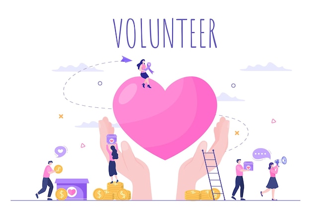 Liebes-Wohltätigkeit oder Spenden über ein Freiwilligenteam, das zusammengearbeitet hat, um zu helfen und Spenden für Poster oder Banner in flacher Design-Illustration zu sammeln