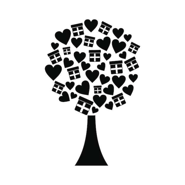 Vektor liebesbaum mit herzen und geschenkboxen schwarz einfaches symbol