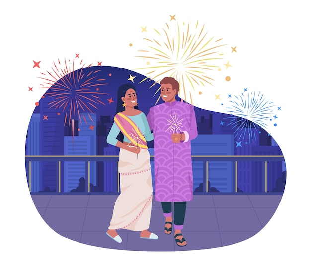 Liebespaar feiert Diwali-Feiertag 2D-Vektor isolierte Illustration