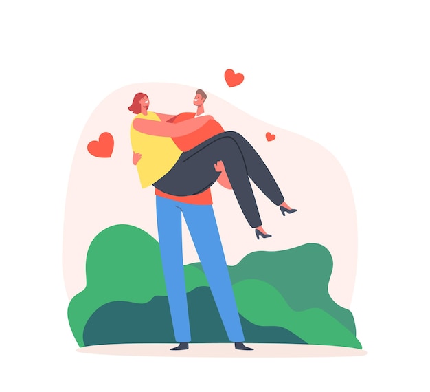 Liebespaar romantische Beziehung. Man Holding Woman on Hands mit Herzen herumfliegen. Happy Lovers Valentinstag-Dating