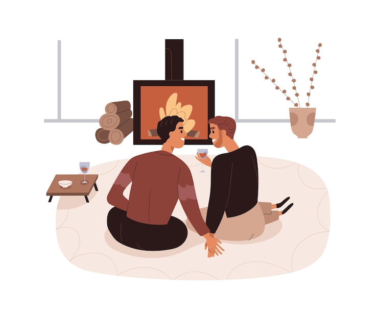 Vektor liebespaare entspannen sich bei einem romantischen date zu hause. homosexuelle männer mit wein am kamin im wohnzimmer. fröhliche schwule partner in gemütlicher wohnung am abend. flache vektorillustration lokalisiert auf weißem hintergrund
