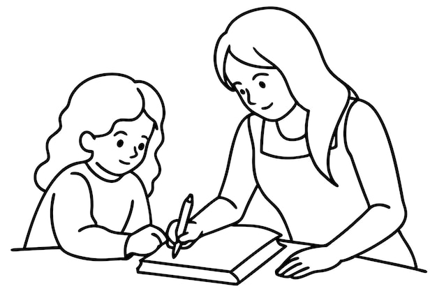 Liebevolle junge Mutter und Tochter zeichnen in einem Album oder lernen, in Notizbüchern zu schreiben