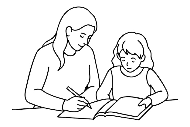Liebevolle junge Mutter und Tochter zeichnen in einem Album oder lernen, in Notizbüchern zu schreiben