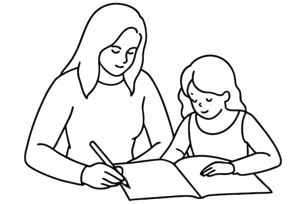 Liebevolle junge Mutter und Tochter zeichnen in einem Album oder lernen, in Notizbüchern zu schreiben