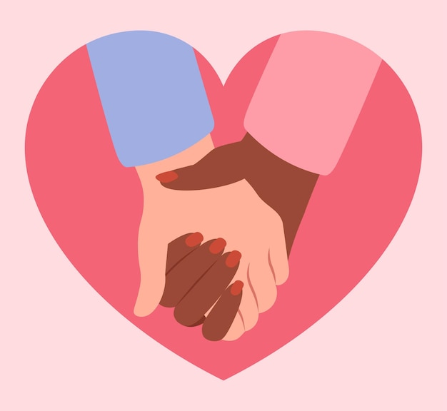 Liebhaber, die Hände rosa Valentinsgruß-Vektor-Illustration in der flachen Art halten