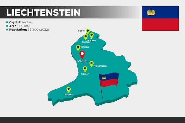 Liechtenstein isometrische 3d-darstellungskarte flag hauptstädte gebiet bevölkerungskarte liechtenstein