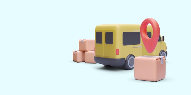 Liefer- und Online-Shopping-Konzept im realistischen Stil mit Lieferwagen und Box