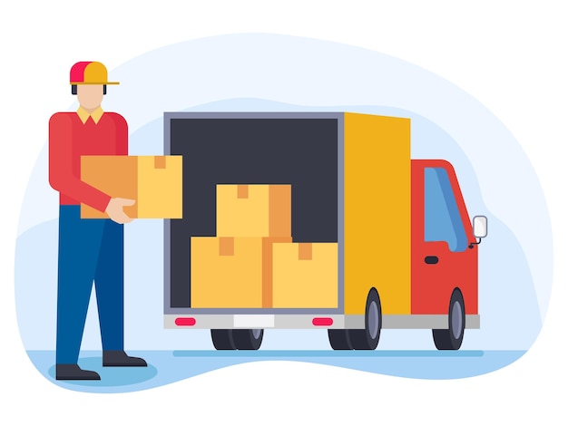 Lieferant, der Pakete in einen LKW lädt