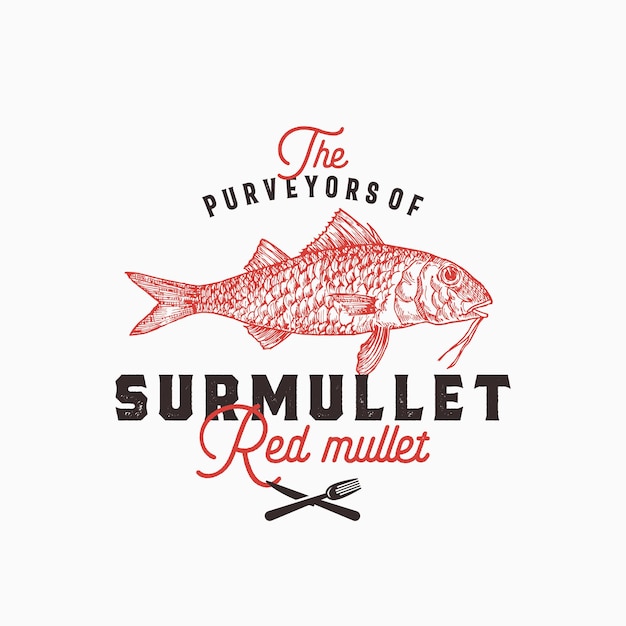 Lieferanten von surmullet-logo-vorlage. hand gezeichneter rotbarbenfisch mit klassischer retro-typografie