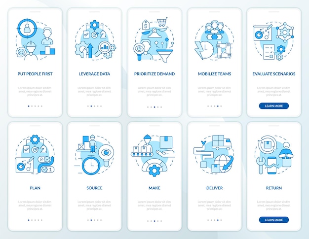 Lieferkettenprioritäten blauer Onboarding-Bildschirmsatz für mobile Apps