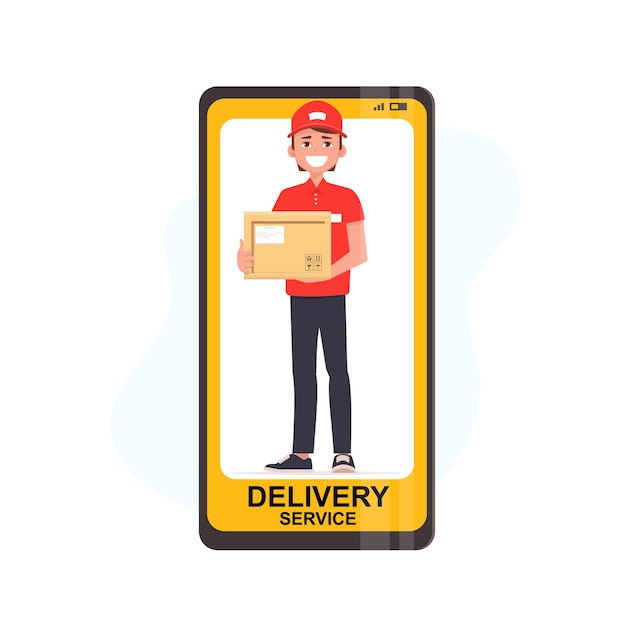 Lieferkuriermann, der Paketkasten am Bildschirmhandy hält holding