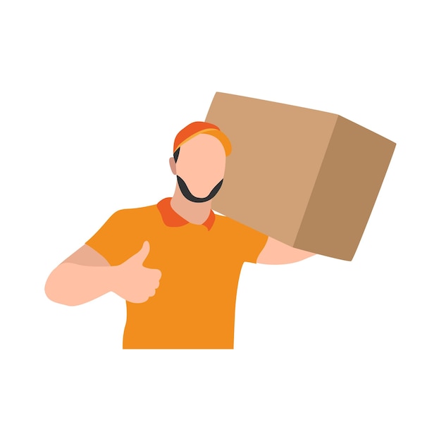 Lieferperson, die eine orangefarbene einheitliche Paketbox hält