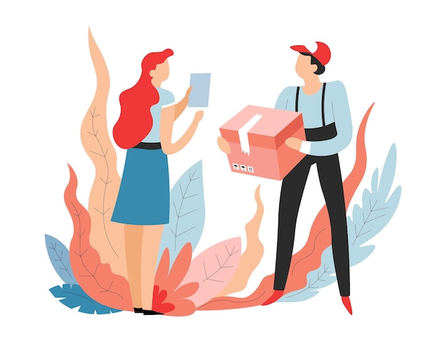 Lieferservice-Lieferant mit Paket und Frau, die Bestellung entgegennimmt