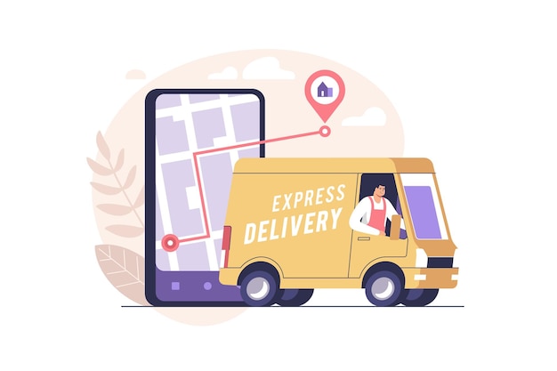 Vektor lieferservice online bestellen smartphone mit mobiler app zur sendungsverfolgung und gelbem lieferwagen