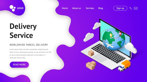 Lieferservice online isometrische illustration. landingpage-konzept mit laptop, planet, lkw, flugzeug und boxen. transport- und logistikkonzept für digitales einkaufen.