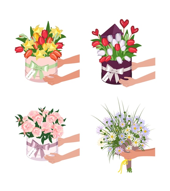 Lieferung einer runden Schachtel mit Tulpen, Narzissen und Gänseblümchen. Hände halten Blumensträuße
