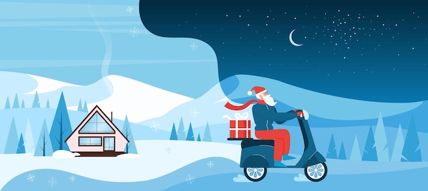 Lieferung von weihnachtsgeschenken lustiger weihnachtsmann mit brille und hut, der motorroller fährt