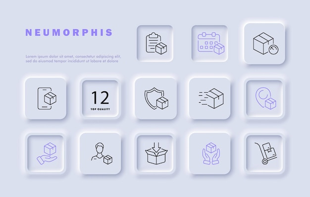 Lieferungssatz-Linie-Symbol Box-Geschwindigkeitskalender Smartphone-Schild-Lieferungsperson-App Neomorphismus-Stil Vektor-Linien-Ikonen für Unternehmen und Werbung