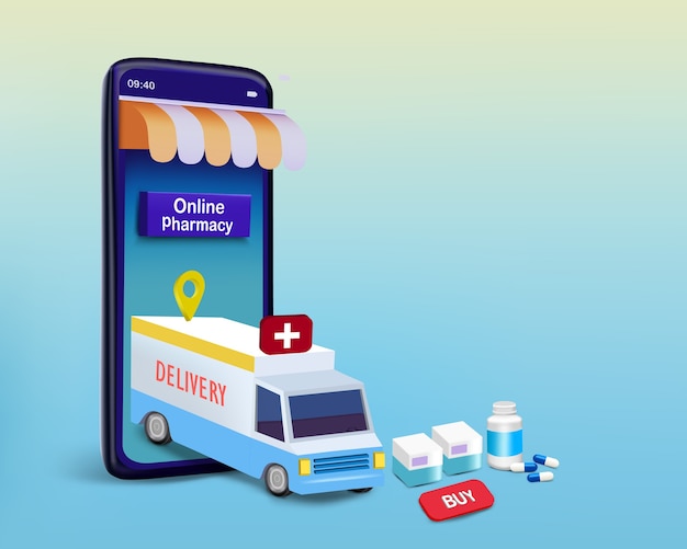 Lieferwagen im smartphone mit medizin und box für online-apotheke