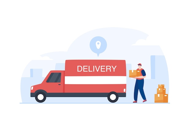 Lieferwagen-Service Mitarbeiter entladen Paketboxen aus Lieferwagen Vektorillustration