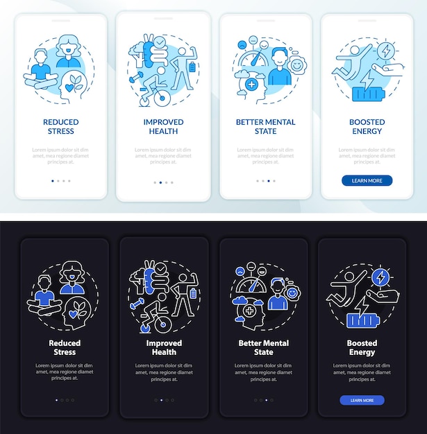 Life balance profit tag- und nachtmodus beim onboarding des bildschirms der mobilen app. tipps walkthrough 4 schritte grafische anleitungsseiten mit linearen konzepten. ui-, ux-, gui-vorlage. myriad pro-bold, regular schriftarten verwendet