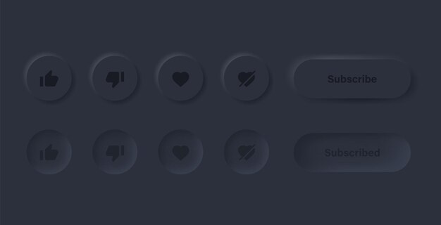 Like Dislike Love Unlove-Symbol in schwarzen Neumorphismus-Buttons mit Abonnieren- und Benachrichtigungssymbolen
