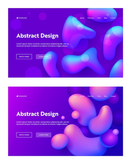 Lila abstrakte realistische tropfenform landing page hintergrund set. futuristisches digitales 3d-gradientenmuster.