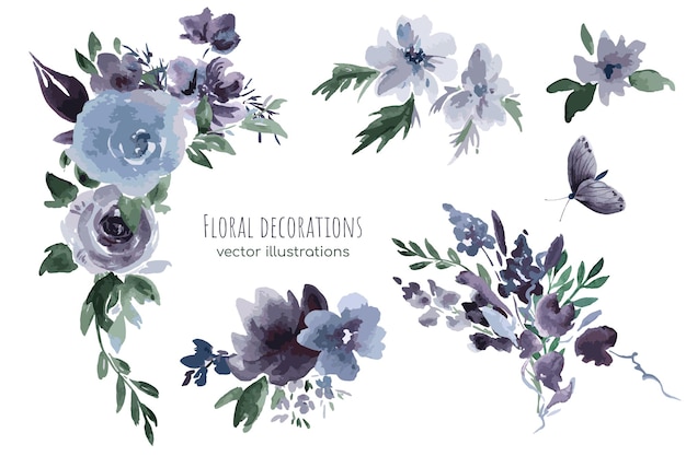 Vektor lila blumenaquarellsträuße mit schmetterlingen und rosen, vektorillustration