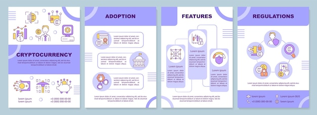 Vektor lila broschürenvorlage für kryptowährung annahme und funktionen broschürendesign mit linearen symbolen 4 vektorlayouts für die präsentation von jahresberichten arialblack myriad proregular-schriftarten verwendet