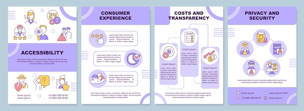 Lila broschürenvorlage für qualitätsfaktoren im gesundheitswesen zugänglichkeit broschürendesign mit linearen symbolen 4 vektorlayouts für die präsentation von jahresberichten arialblack myriad proregular-schriftarten verwendet