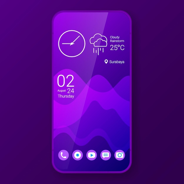 Vektor lila, eleganter startbildschirm, realistische smartphone-benutzeroberfläche