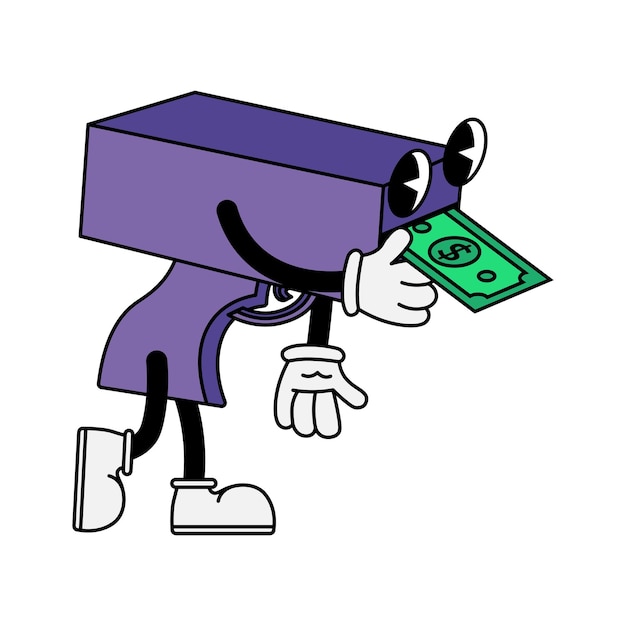 Lila Geldpistolenfigur mit Dollarschein im 70er-Jahre-Cartoon-Stil