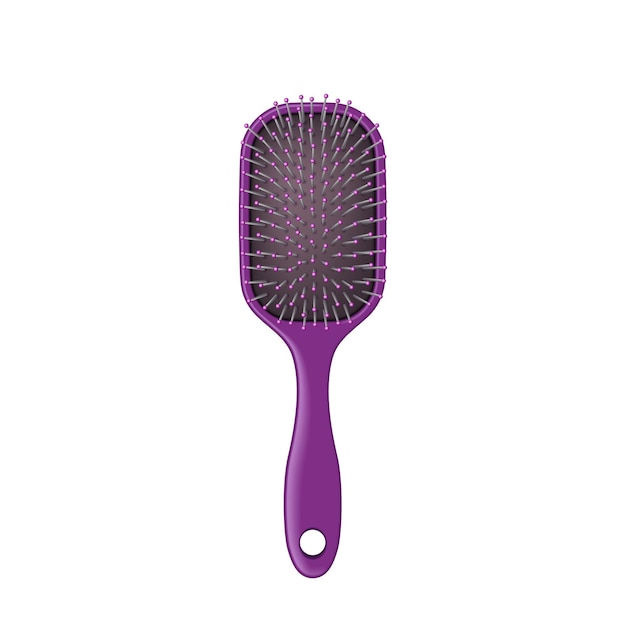 Lila haarbürste für die tägliche haarpflege und bürsten friseur werkzeug plastikkamm symbol isoliert auf weißem hintergrund hygienekonzept realistische vektordarstellung