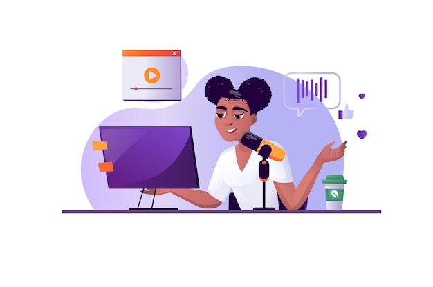 Lila Konzept Podcast-Streaming mit People-Szene im flachen Cartoon-Stil Berühmter Blogger