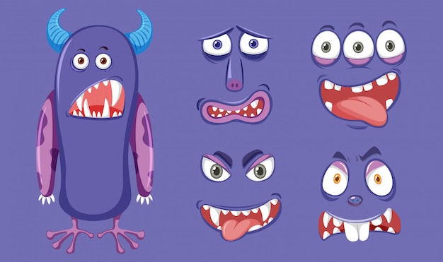 Lila monster mit unterschiedlichem gesichtsausdruck