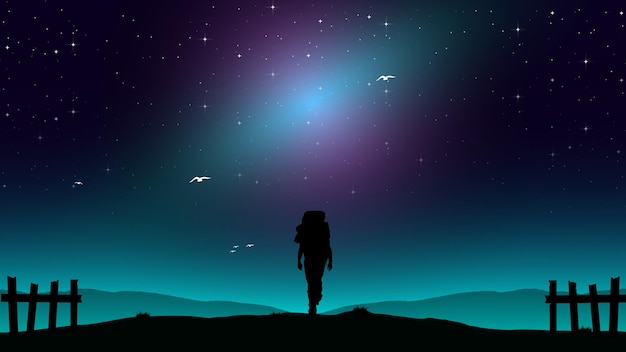 Vektor lila nachthimmel hd wallpaper reisender mit spazierstöcken wandersilhouette vektor sternennacht