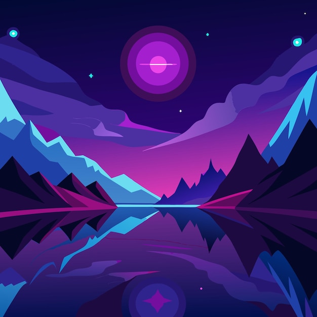 Lila Nachtlandschaft mit Bergen und reflektierenden Seen