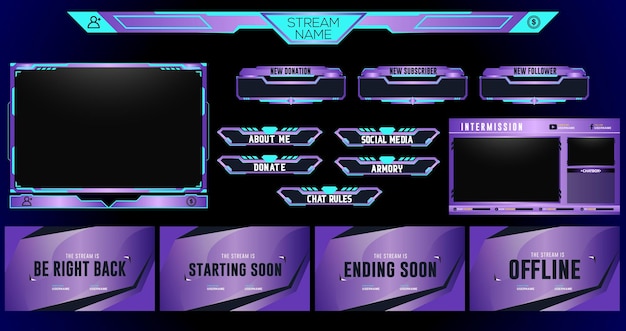 Lila neon-set von abstraktem live-stream-element-set-vektor-design