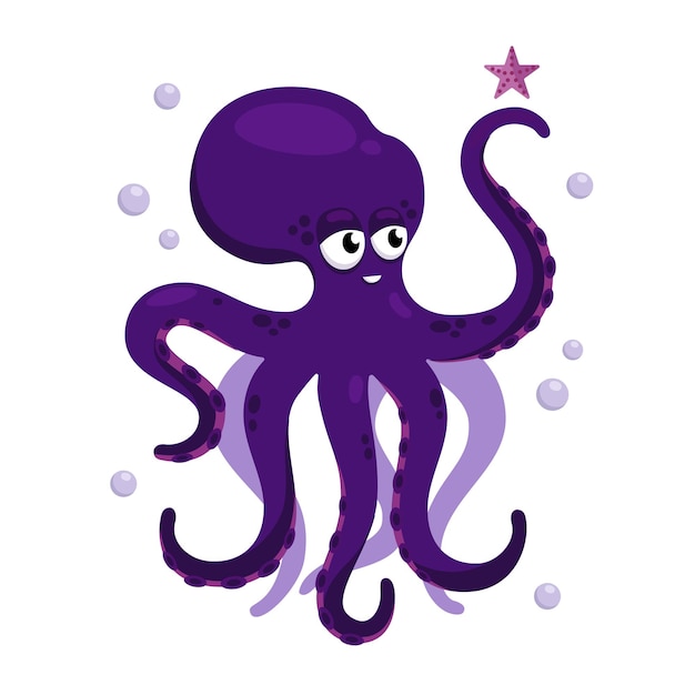 Lila oktopus mit einem seestern auf seinem tentakel