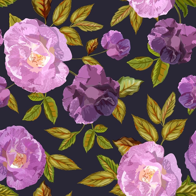 Lila rosen auf nahtlose muster blumenillustration mit schönen blumen vektor