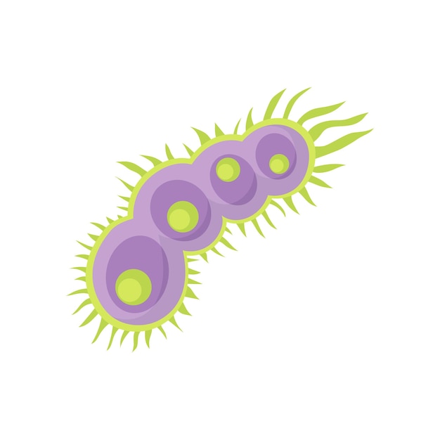 Vektor lila virus mit grünen zellen und bedeckt mit kurzen geißeln. gefährlicher mikroorganismus unter dem mikroskop. thema biologie und medizin. bunte flache vektorillustration isoliert auf weißem hintergrund