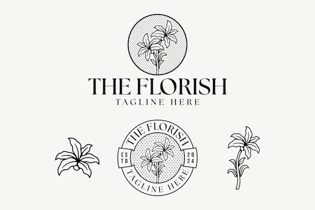 Lilienblumenknospen mit Blättern Line Art Vintage-Logo-Design für Schönheitspflege Spa-Salon-Boutique