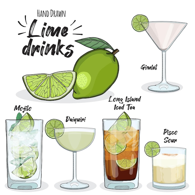 Lime drinks set long island iced tea mojito daiquiri gimlet pisco sour