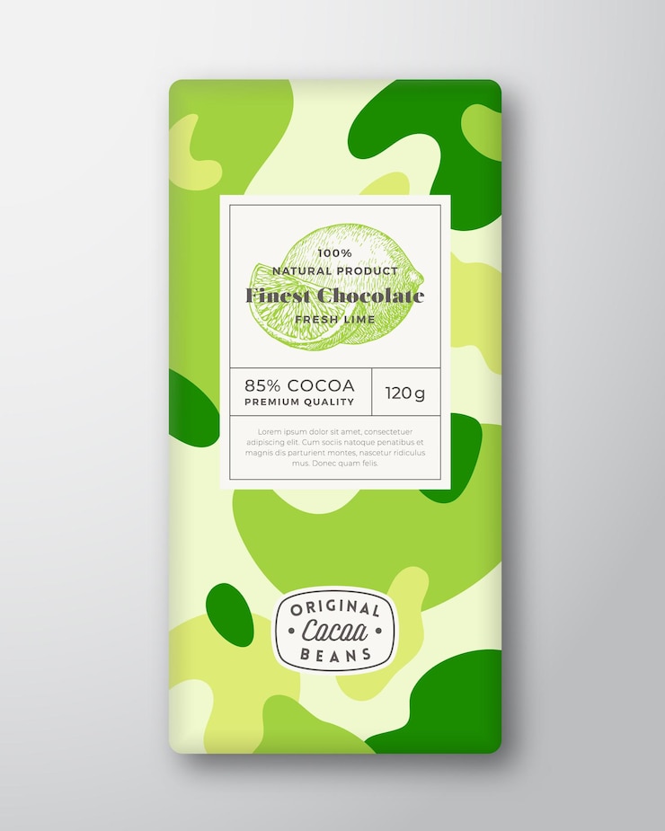 Vektor limetten-schokoladenetikett. abstrakte formen vektor-verpackungsdesign-layout mit realistischen schatten. moderne typografie, handgezeichnete zitrusfrucht-silhouette und bunter camouflage-musterhintergrund. isoliert.