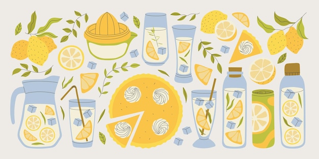 Limonade in einem Glas Minzcocktails Cartoon Set Krug Getränke mit Stroh Zitronenscheibe Vektorillustration