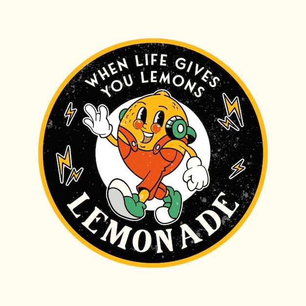 Limonade-logo-emblem mit maskottchen. vintages zitronen- oder limettenlogo