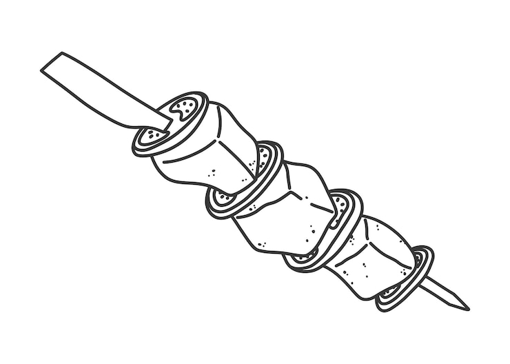 Vektor line-art-dudle von türkischem shashlik mit fleisch und tomaten auf einem spieß handgezeichneter schwarz-weißer skizze des traditionellen shish-kebabs isolierter vektor für lebensmitteldesign und kulturthemen